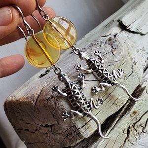 Long Silver plated Earrings Resin "beewax" Amber Lizard Charm Pendant